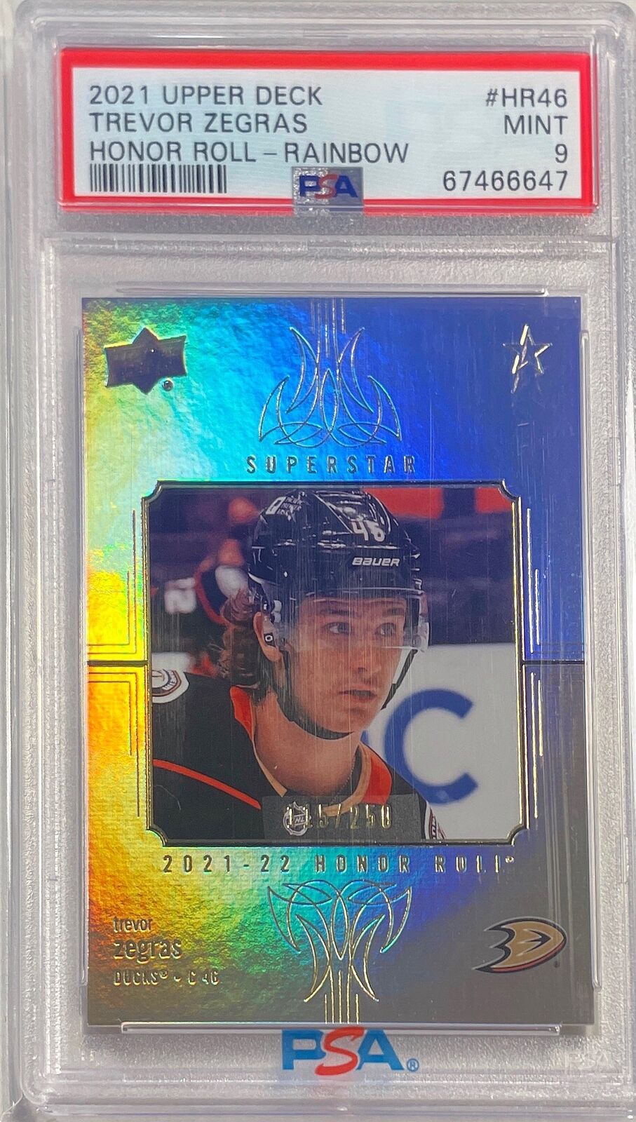 TREVOR ZEGRAS 2021-22 UPPER DECK HONOR ROLL RAINBOW RC #D 115/250 PSA 9 POP 3