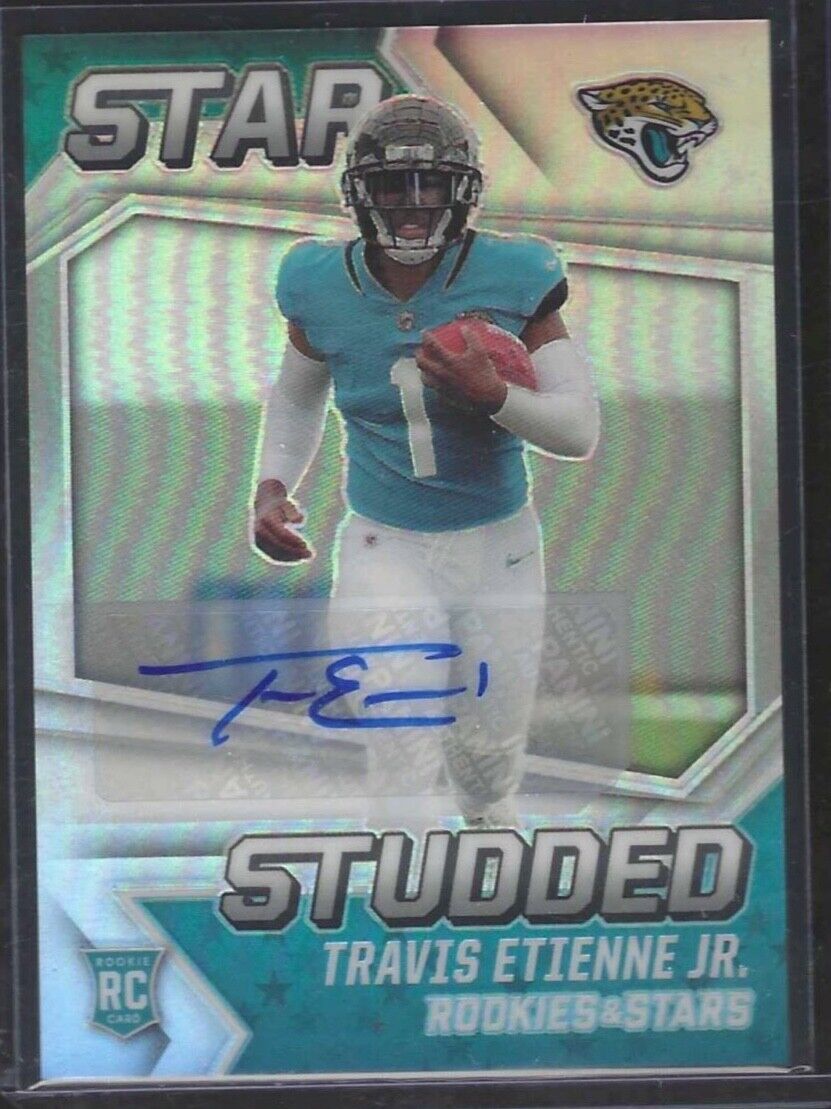 TRAVIS ETIENNE JR 2021 ROOKIES & STARS SILVER PRIZM STAR STUDDED AUTO RC #D /99