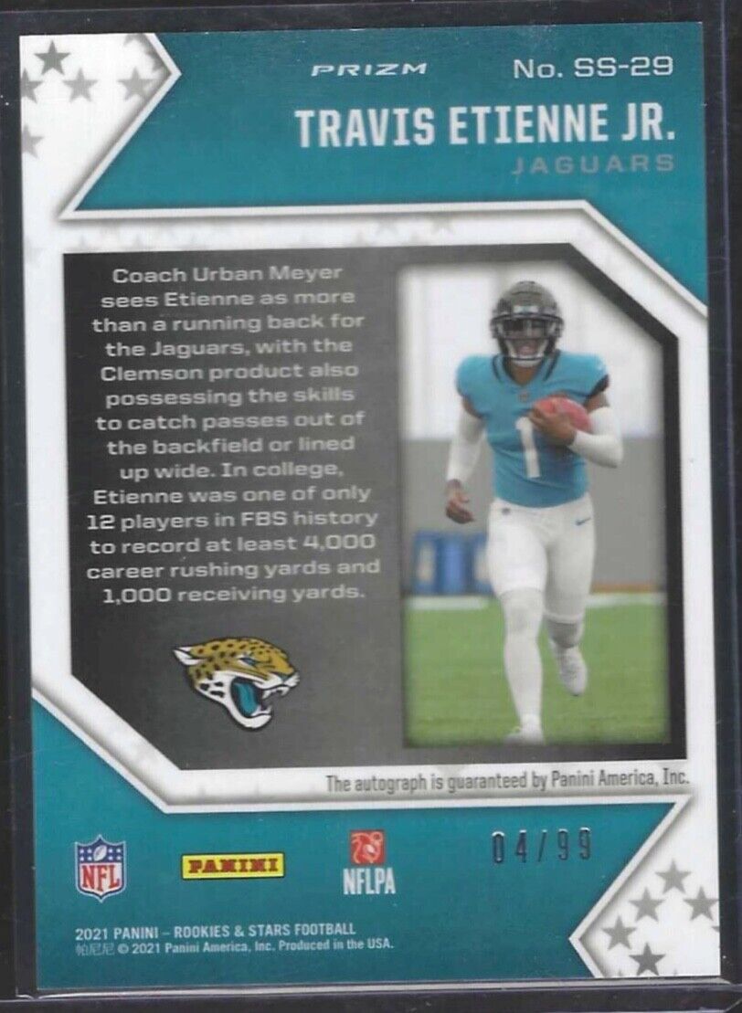 TRAVIS ETIENNE JR 2021 ROOKIES & STARS SILVER PRIZM STAR STUDDED AUTO RC #D /99