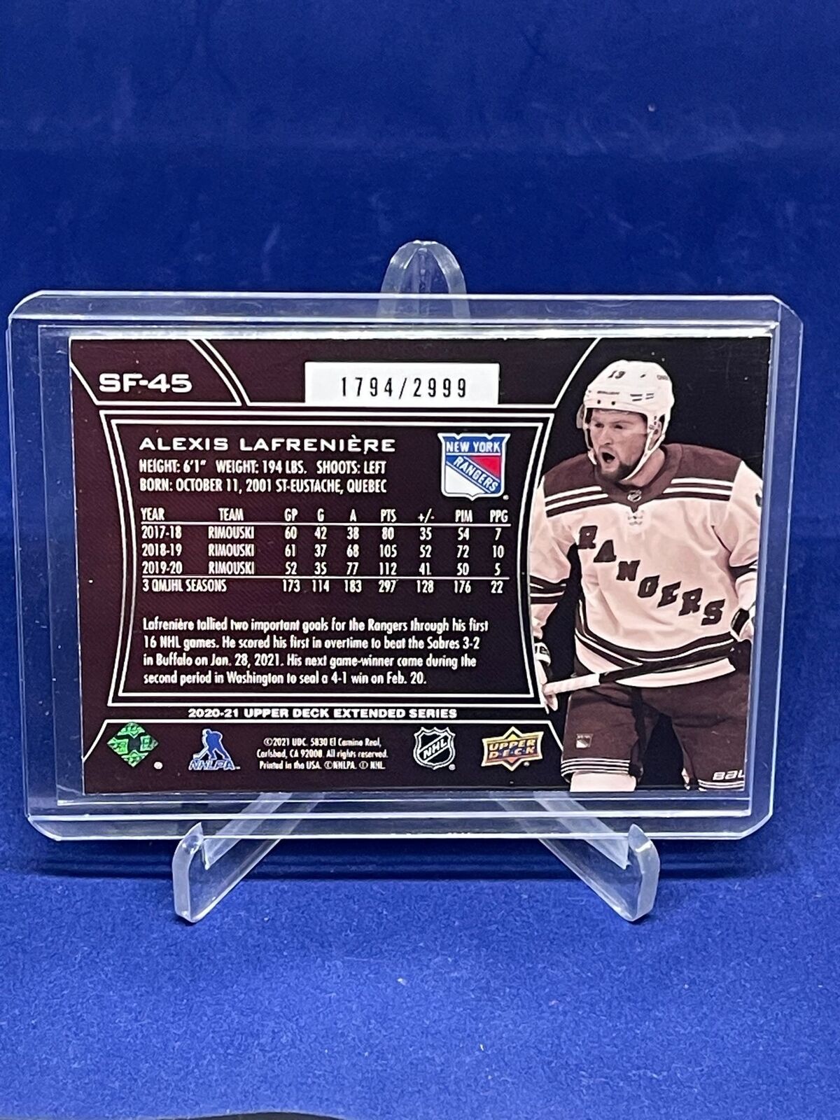 ALEXIS LAFRENIERE 2020-21 UPPER DECK EXTENDED SERIES RC #D 1794/2999