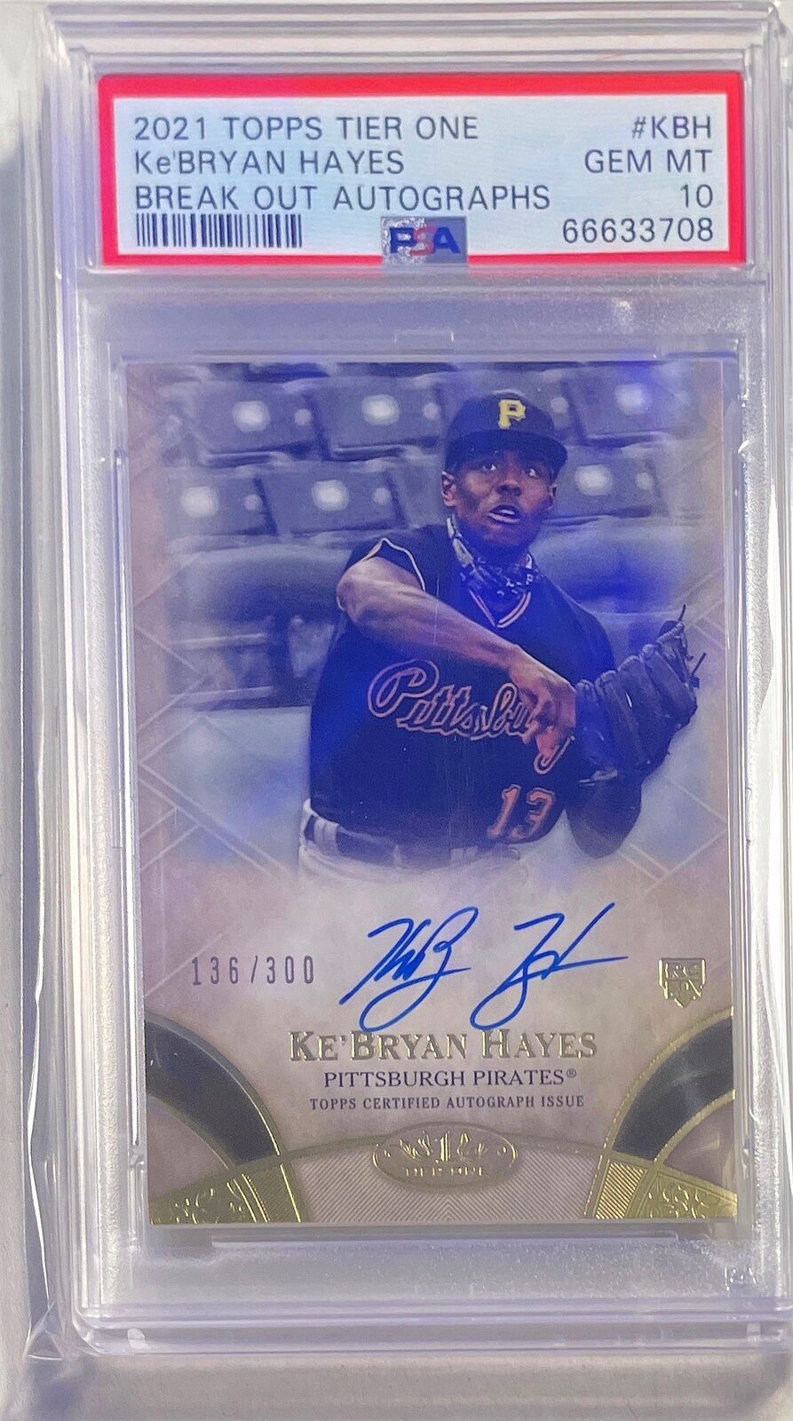 KE'BRYAN HAYES 2021 TOPPS TIER ONE BREAK OUT AUTO RC #D 136/300 PSA 10 GEM POP 3