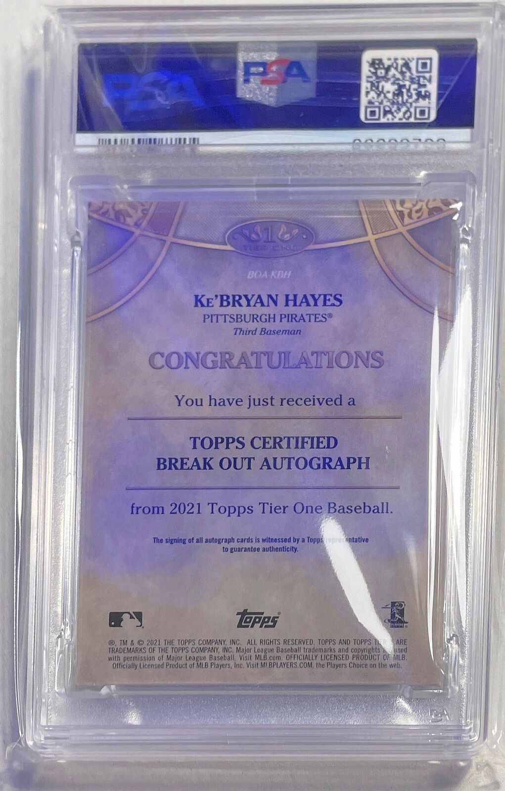 KE'BRYAN HAYES 2021 TOPPS TIER ONE BREAK OUT AUTO RC #D 136/300 PSA 10 GEM POP 3