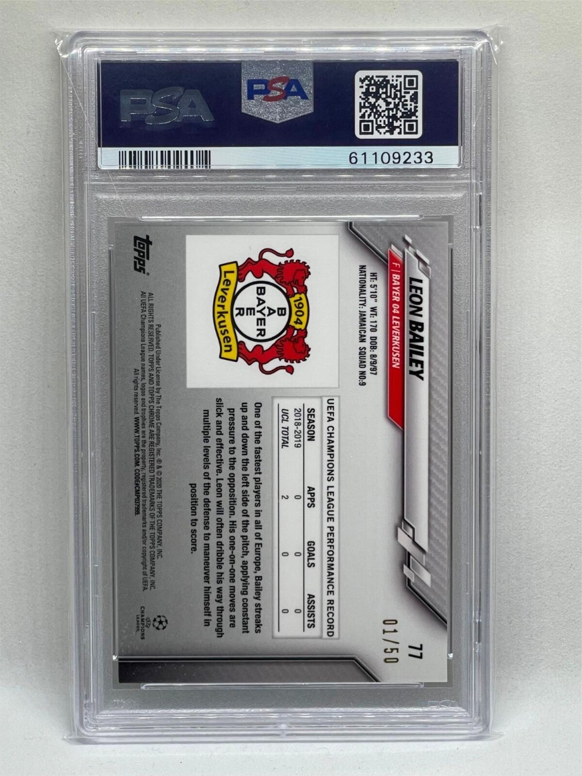 LEON BAILEY 2019-20 TOPPS CHROME UCL GOLD REFRACTOR RC #D 1/50 PSA 10 POP 1/1