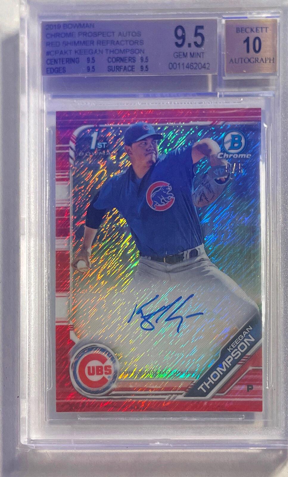 KEEGAN THOMPSON 2019 BOWMAN CHROME 1ST RED SHIMMER AUTO RC #D 5/5 BGS 9.5 10 AU