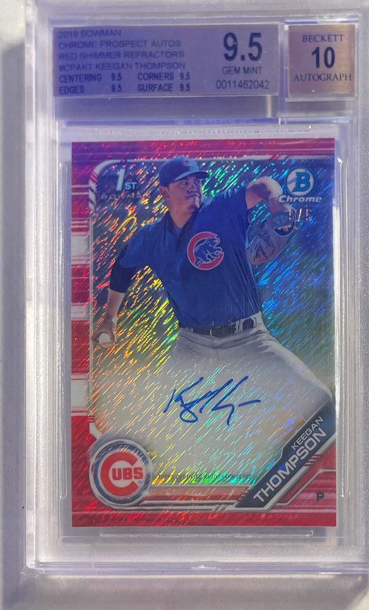 KEEGAN THOMPSON 2019 BOWMAN CHROME 1ST RED SHIMMER AUTO RC #D 5/5 BGS 9.5 10 AU