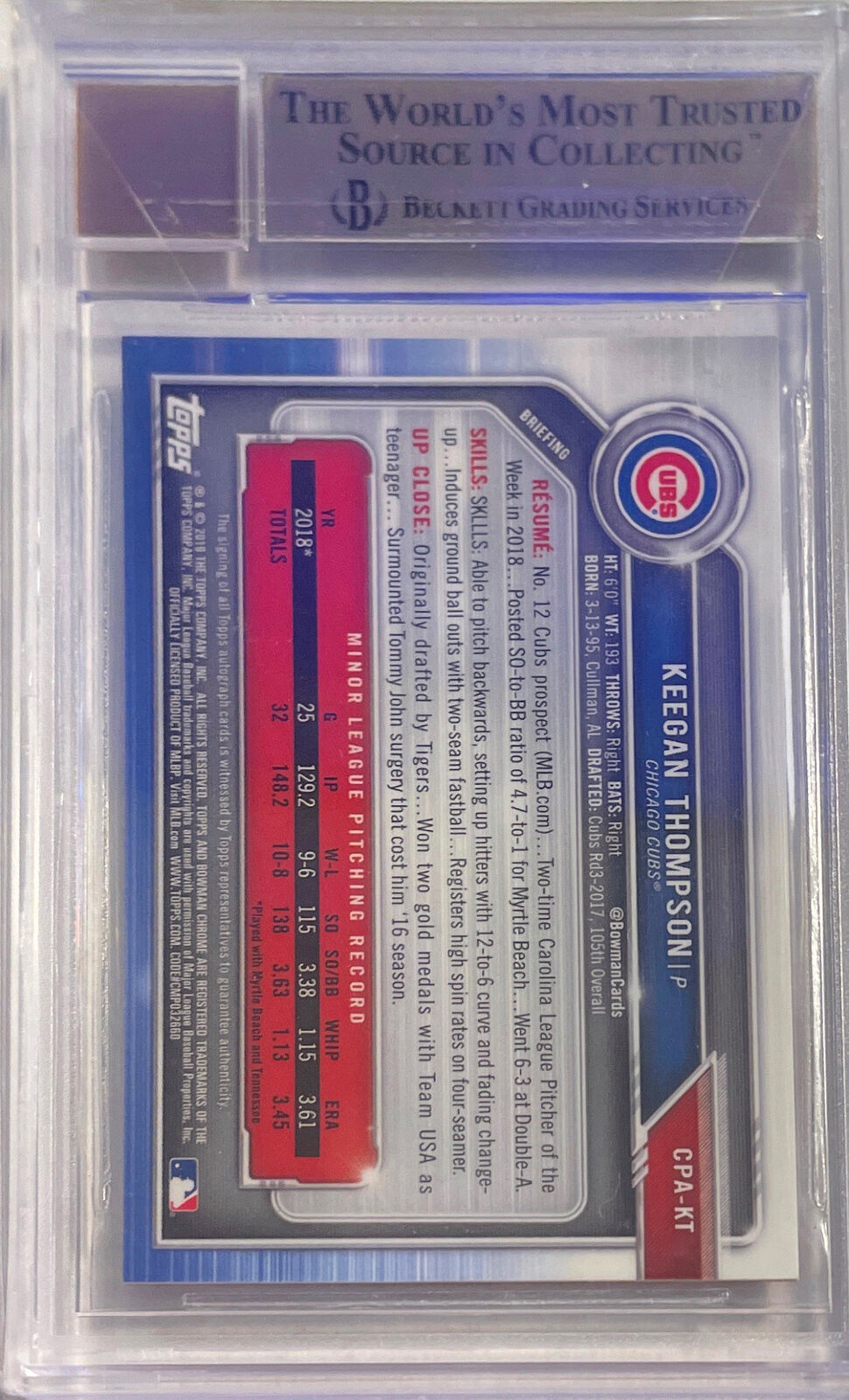 KEEGAN THOMPSON 2019 BOWMAN CHROME 1ST RED SHIMMER AUTO RC #D 5/5 BGS 9.5 10 AU