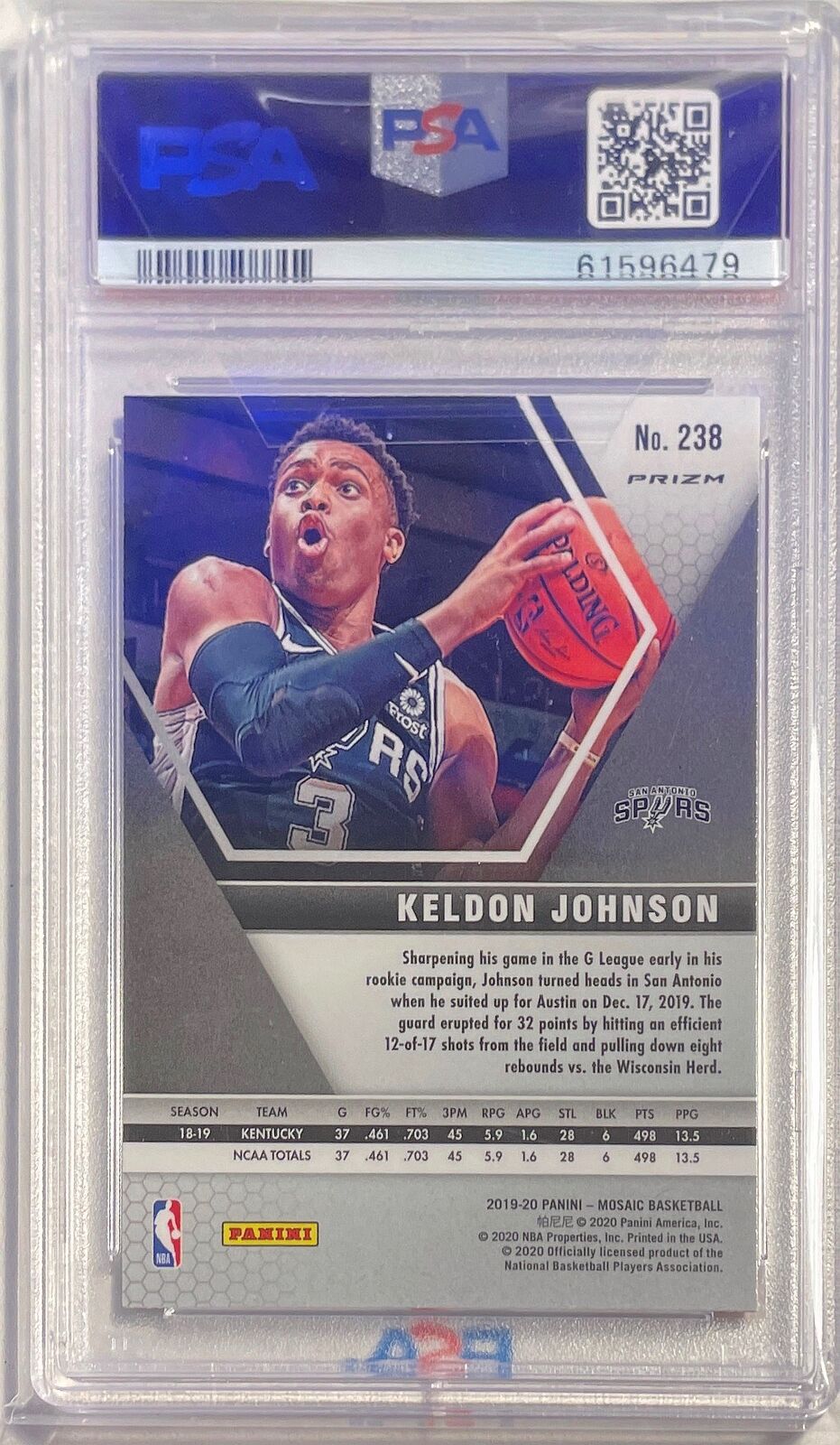 KELDON JOHNSON 2019-20 PANINI MOSAIC REACTIVE ORANGE PRIZM RC #238 PSA 9 MINT