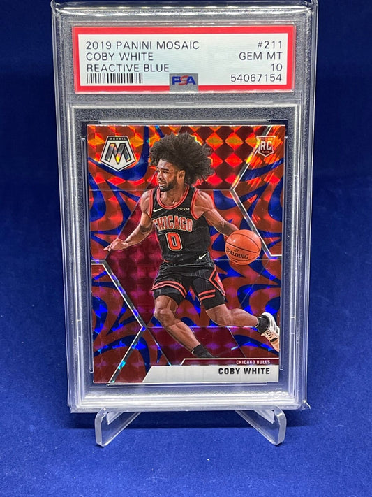 COBY WHITE 2019-20 PANINI MOSAIC REACTIVE BLUE PRIZM ROOKIE RC #211 PSA 10