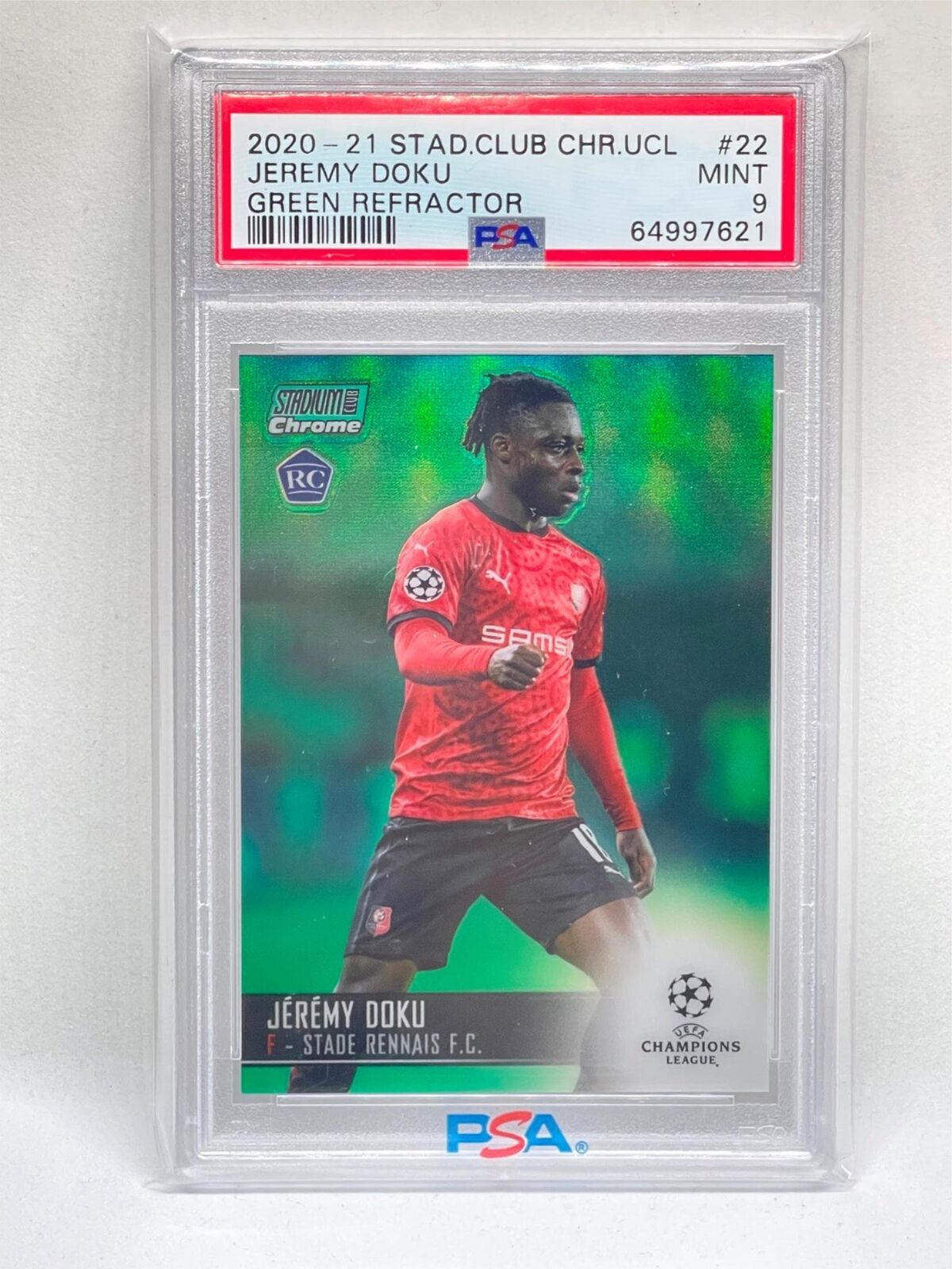JEREMY DOKU 2020 TOPPS STADIUM CLUB CHROME GREEN REFRACTOR RC /99 PSA 9 POP 1/1