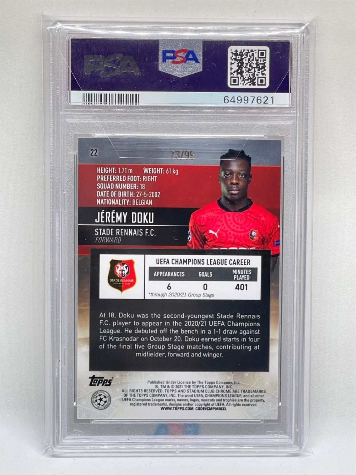 JEREMY DOKU 2020 TOPPS STADIUM CLUB CHROME GREEN REFRACTOR RC /99 PSA 9 POP 1/1