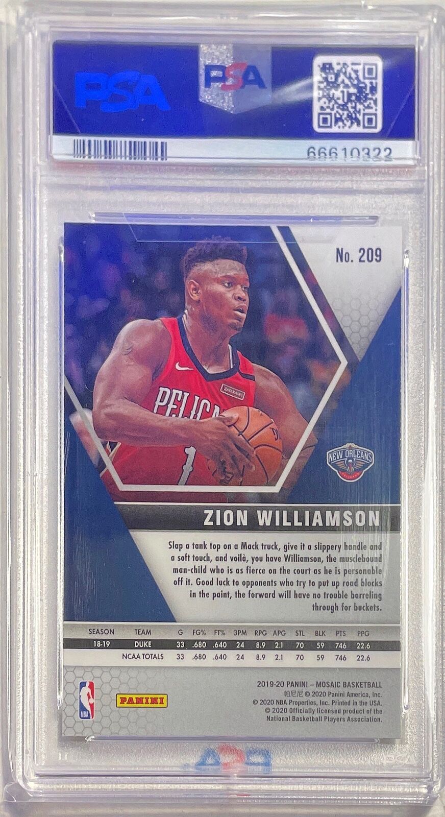 ZION WILLIAMSON 2019-20 PANINI MOSAIC RED JERSEY VARIATION SP RC #209 PSA 9 MINT