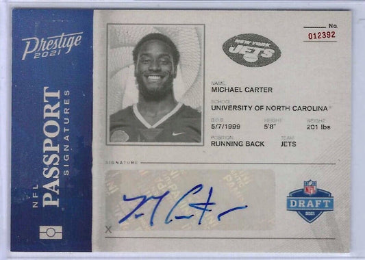 MICHAEL CARTER 2021 PANINI PRESTIGE PASSPORT SIGNATURES ROOKIE AUTO RC #PA-MC