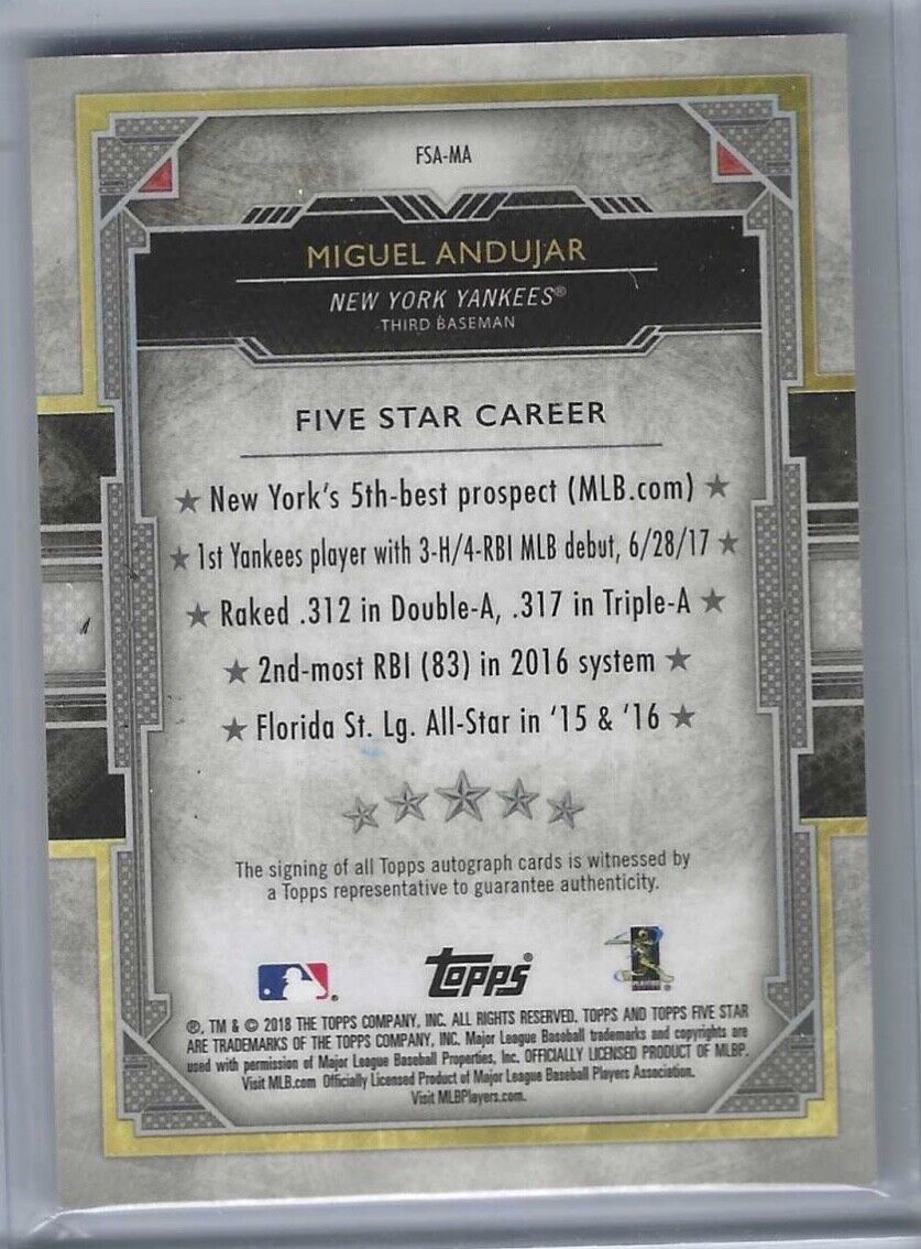 MIGUEL ANDUJAR 2018 TOPPS FIVE STAR PURPLE ROOKIE AUTO RC #D 13/50