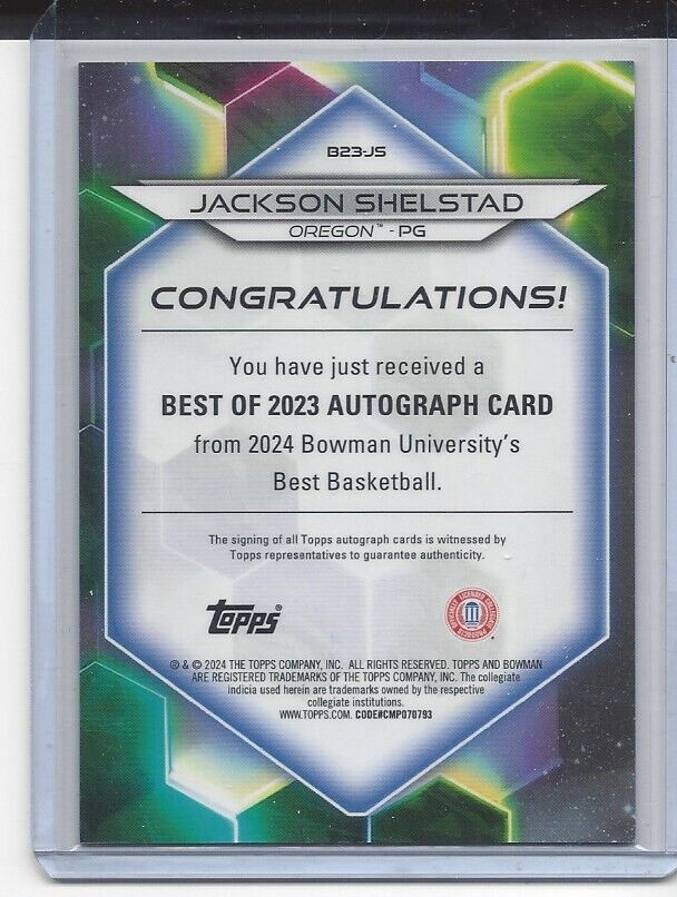 JACKSON SHELSTAD 2023 BOWMANS BEST UNIVERSITY OREGON REFRACTOR AUTO #D 33/125