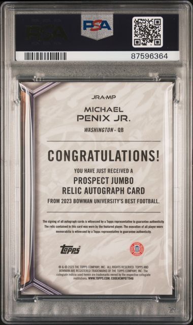 MICHAEL PENIX JR 2023 BOWMANS BEST UNIVERSITY JUMBO RELIC JERSEY AUTO PSA 10 GEM
