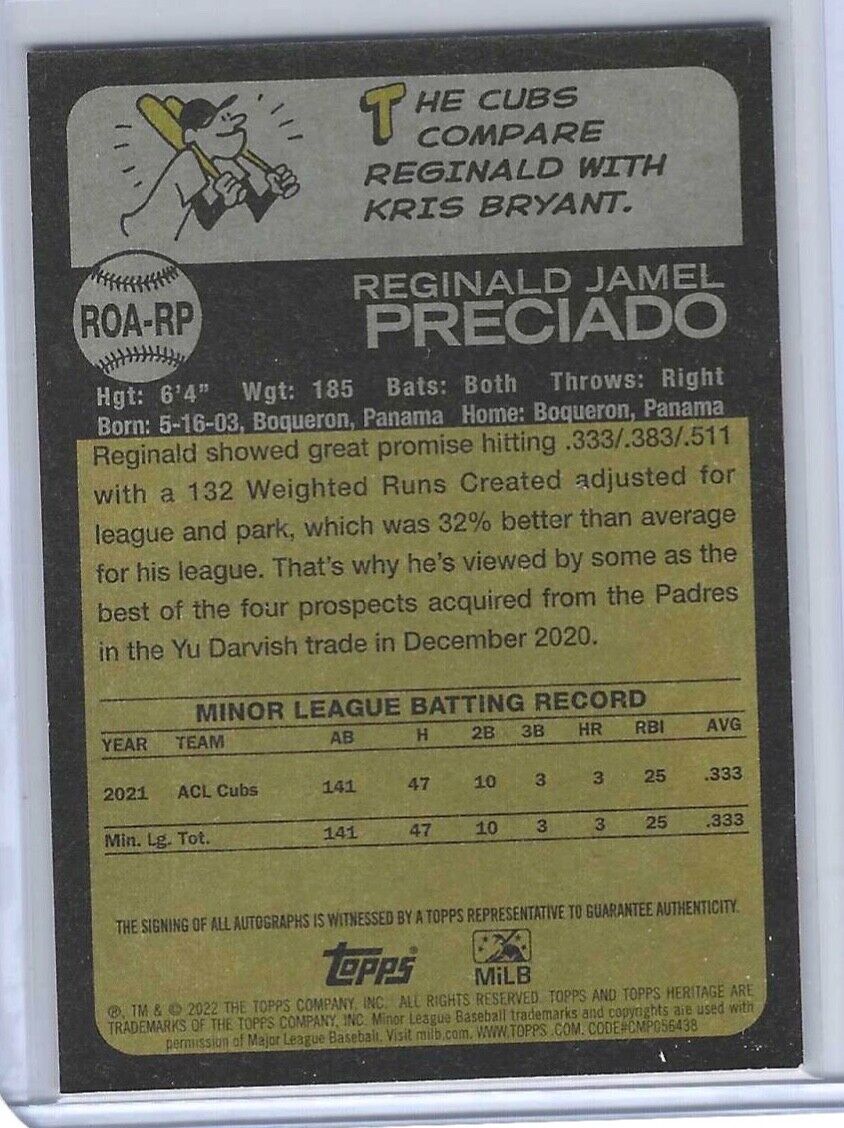 REGINALD PRECIADO 2022 TOPPS HERITAGE MINOR LEAGUE PROSPECT REAL ONE AUTO #ROARP