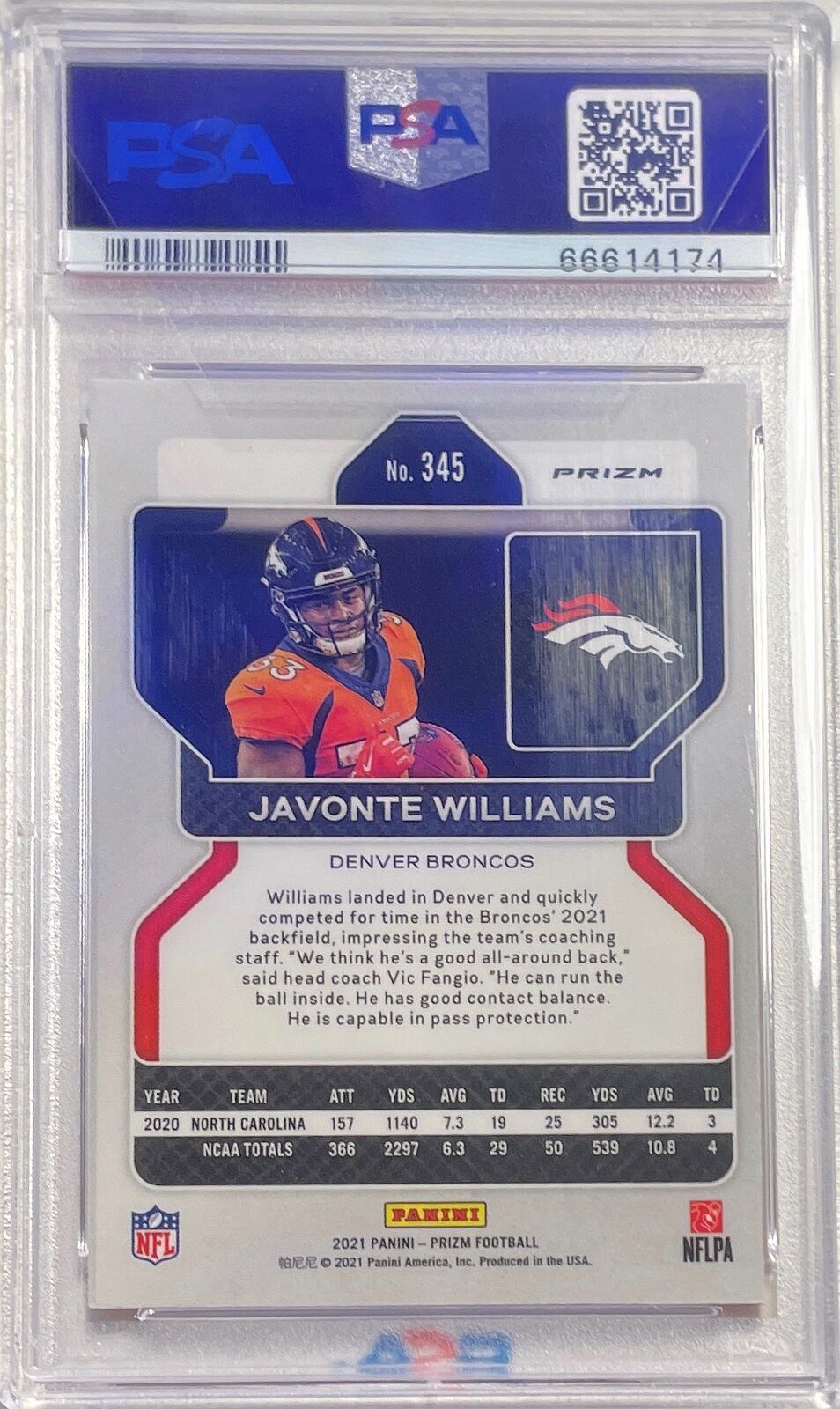JAVONTE WILLIAMS 2021 PANINI PRIZM ORANGE LAZER PRIZM RC #345 PSA 10 POP 30