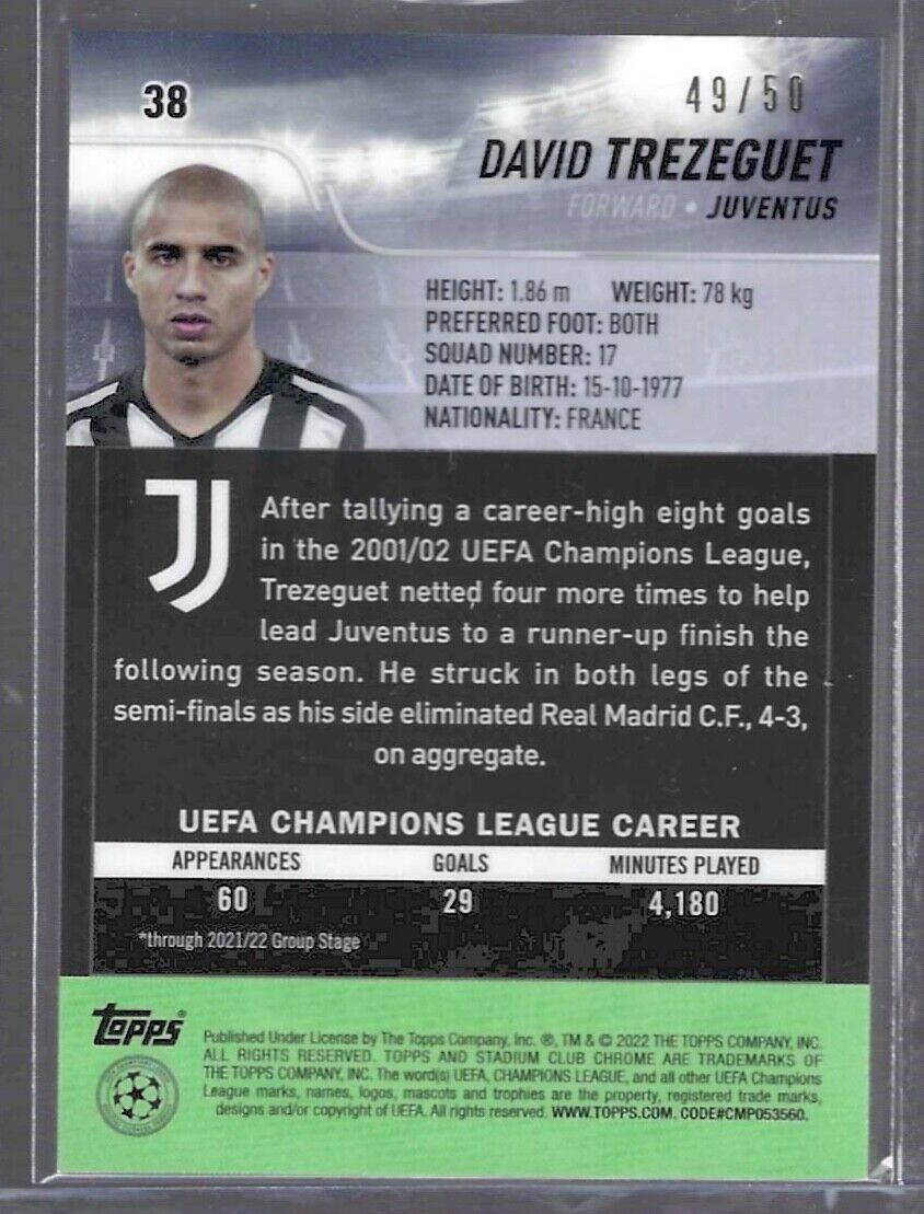 DAVID TREZEGUET 2021-22 TOPPS STADIUM CLUB CHROME GOLD REFRACTOR #D 49/50