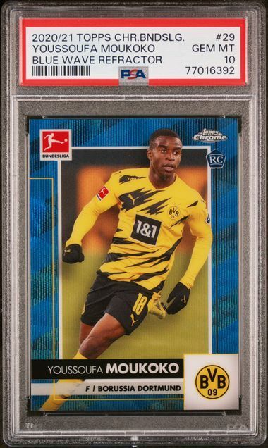 YOUSSOUFA MOUKOKO 2020 TOPPS CHROME BUNDESLGA BLUE WAVE REFRACTOR RC /150 PSA 10