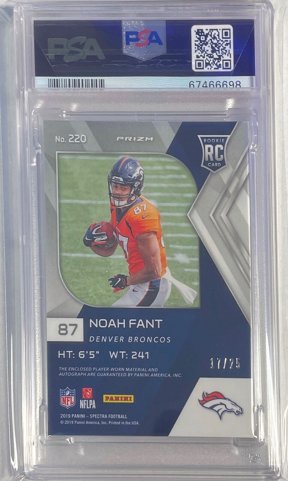 NOAH FANT 2019 SPECTRA RPA NEON PINK PATCH AUTO RC #D 17/25 PSA 9 MINT POP 1/1