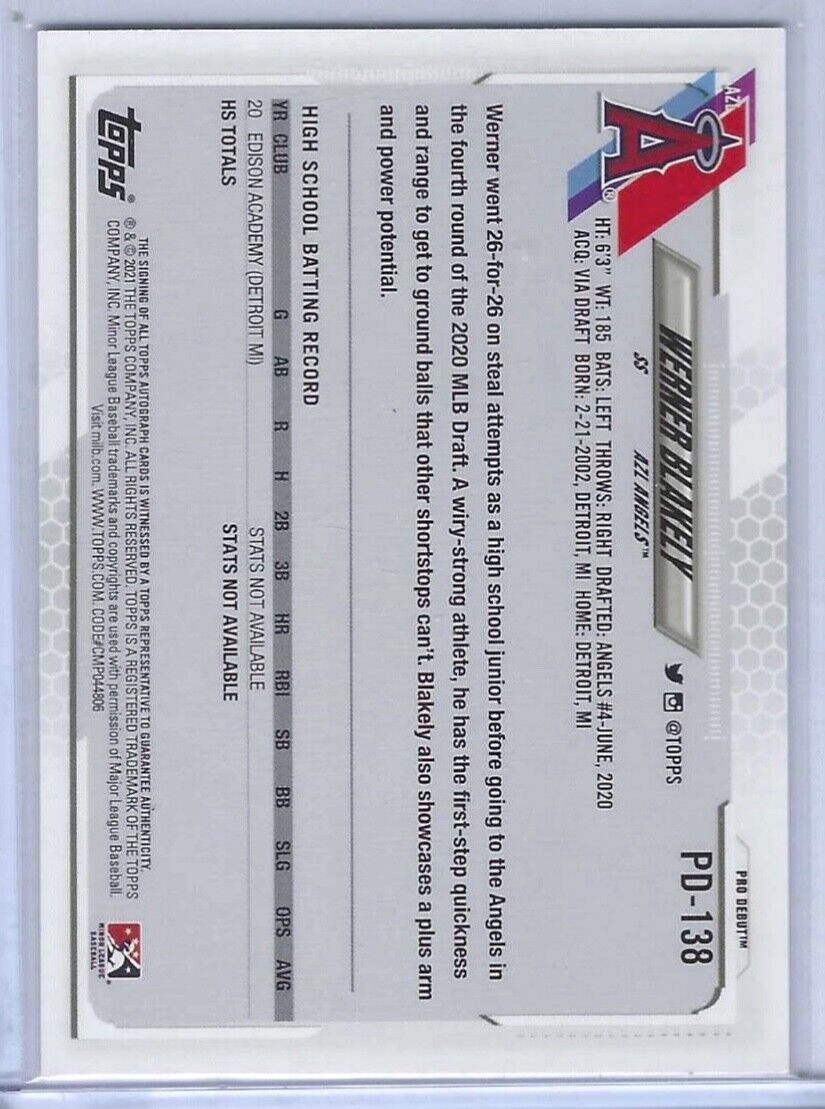 WERNER BLAKELY 2021 TOPPS PRO DEBUT PROSPECT AUTO #PD-138