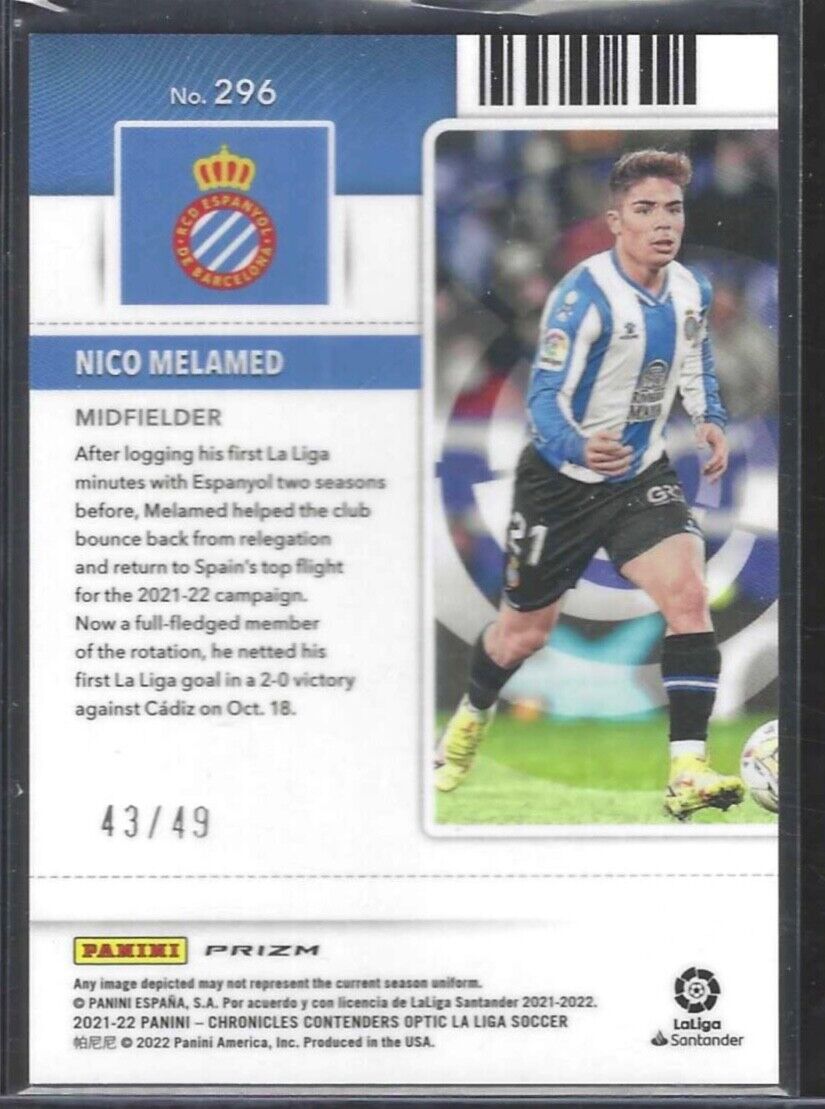 NICO MELAMED 2021-22 PANINI CHRONICLES OPTIC CONTENDERS BLUE PRIZM RC #D 43/49