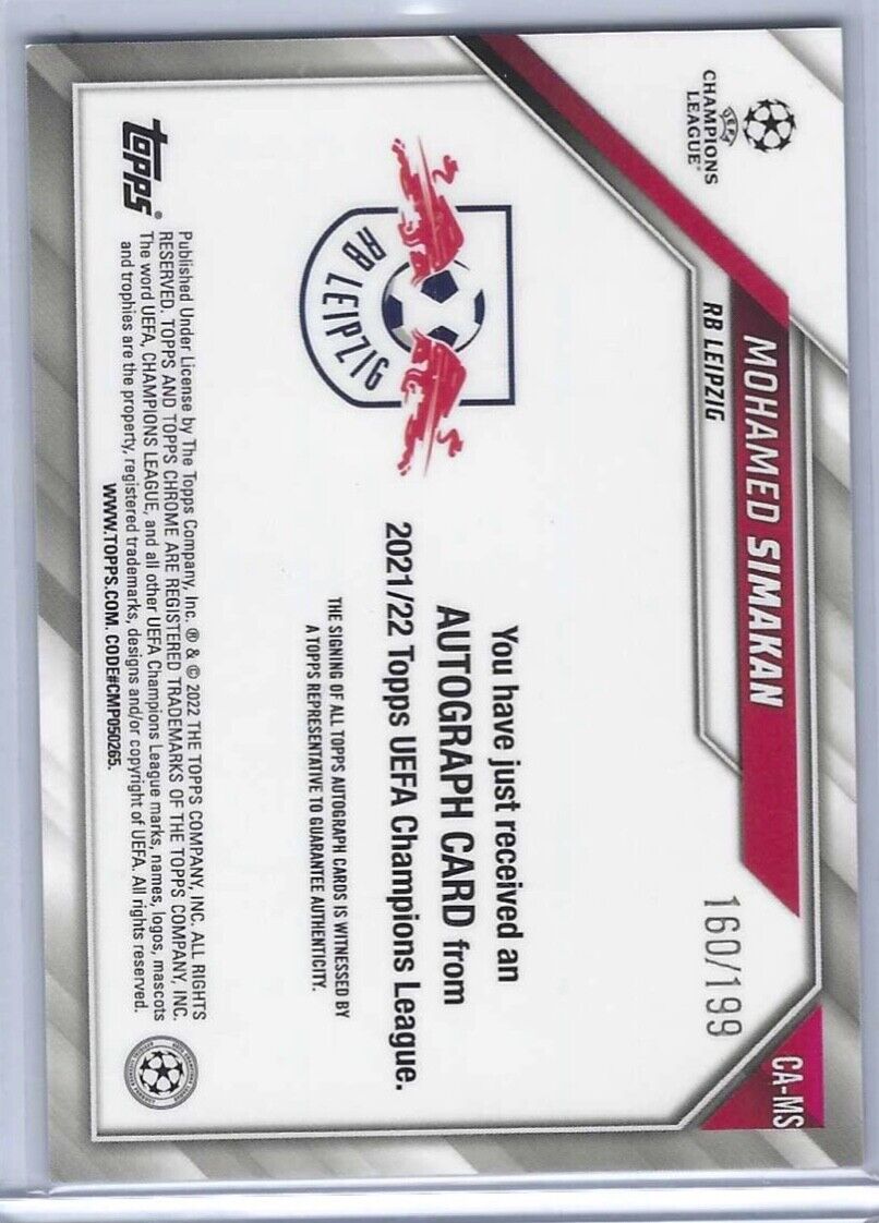 MOHAMED SIMAKAN 2021-22 TOPPS CHROME UEFA AQUA REFRACTOR AUTO #D 160/199