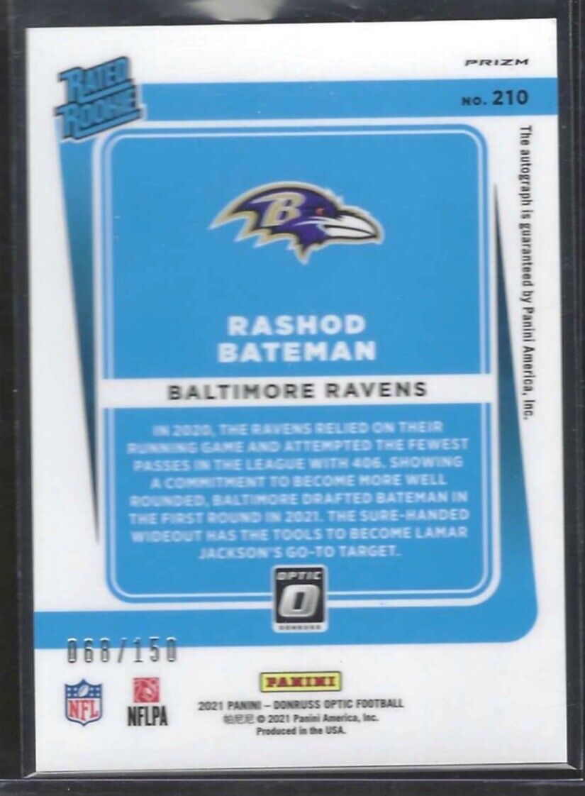 RASHOD BATEMAN 2021 PANINI DONRUSS OPTIC RATED ROOKIE ON CARD AUTO RC #D 068/150