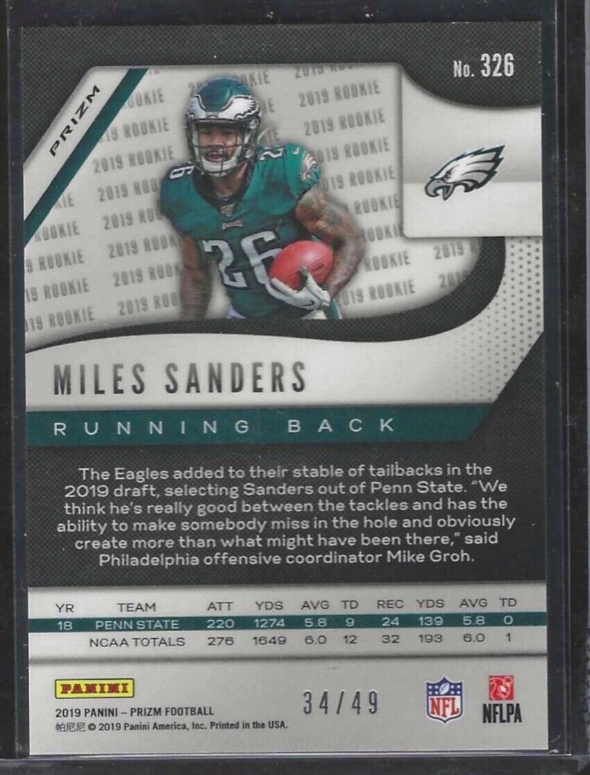 MILES SANDERS 2019 PANINI PRIZM PURPLE POWER PRIZM ROOKIE RC #D 34/49