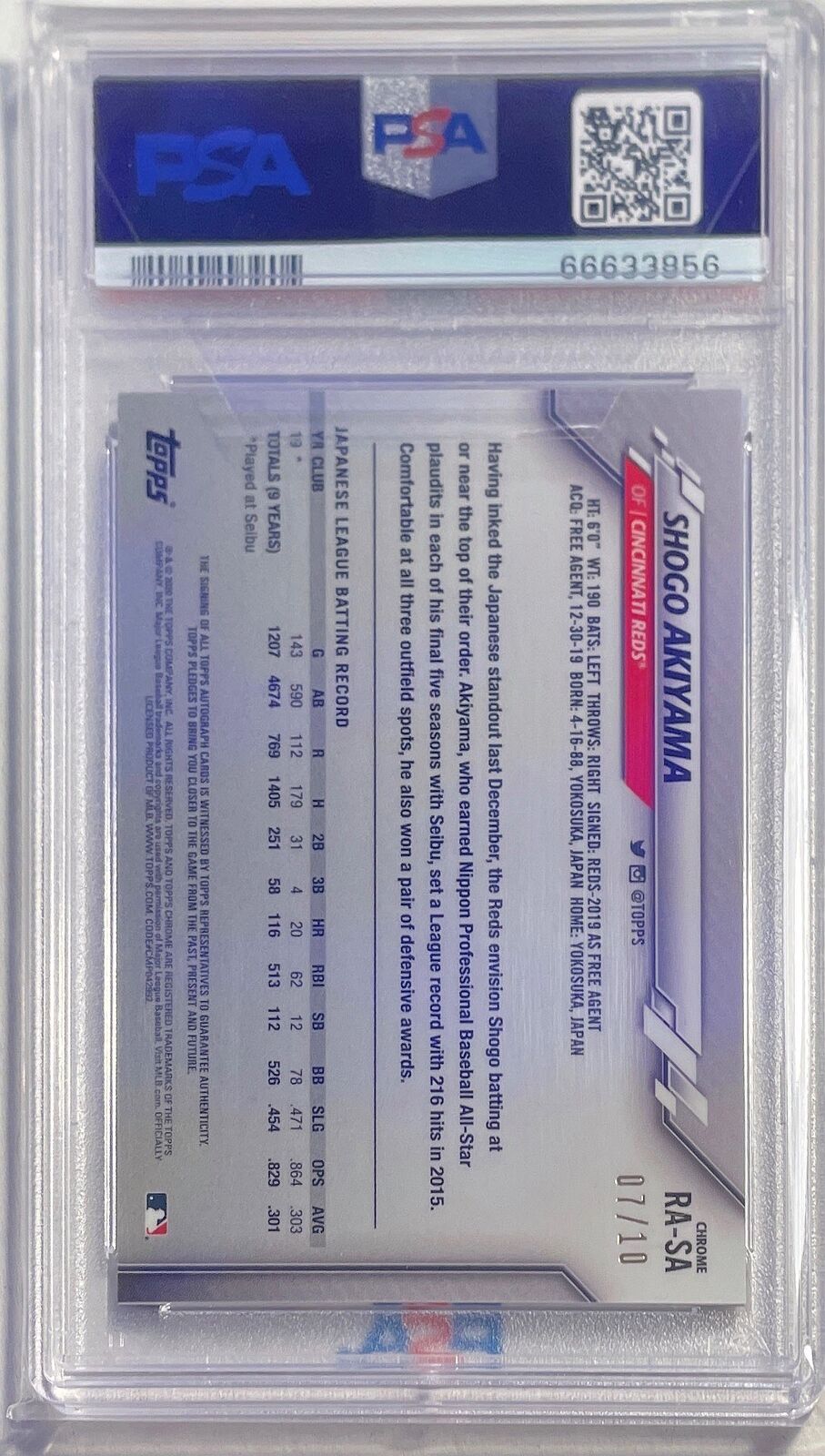 SHOGO AKIYAMA 2020 TOPPS CHROME UPDATE SAPPHIRE PURPLE AUTO RC /10 PSA 10 POP 1