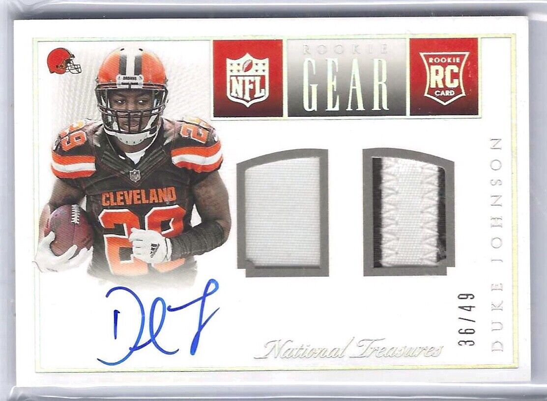 DUKE JOHNSON 2015 NATIONAL TREASURES ROOKIE GEAR DUAL PATCH AUTO RC #D 36/49