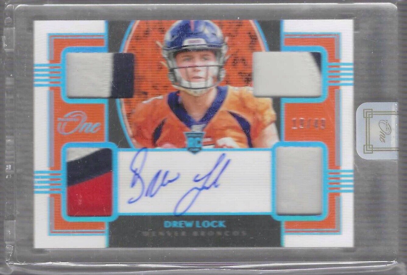 DREW LOCK 2019 PANINI ONE PLATINUM ROOKIE QUAD PATCH AUTO RC #D 19/49