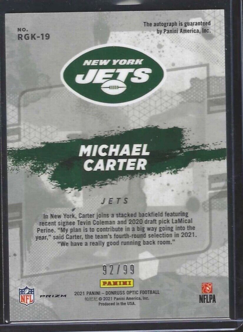 MICHAEL CARTER 2021 PANINI DONRUSS OPTIC THE ROOKIES HOLO AUTO RC #D 92/99