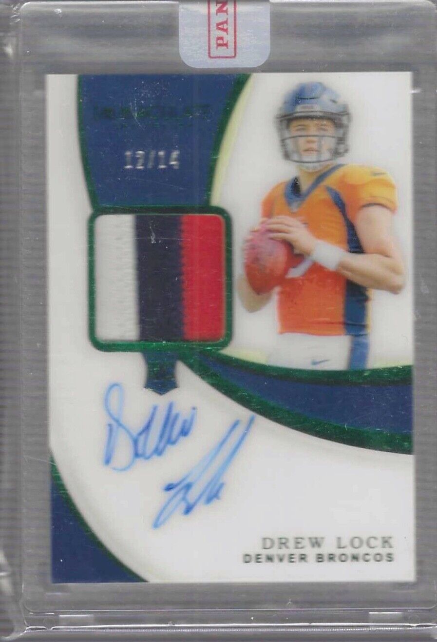 DREW LOCK 2019 PANINI IMMACULATE GREEN FOTL RPA ROOKIE PATCH AUTO RC #D 12/14