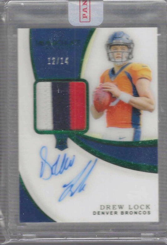 DREW LOCK 2019 PANINI IMMACULATE GREEN FOTL RPA ROOKIE PATCH AUTO RC #D 12/14
