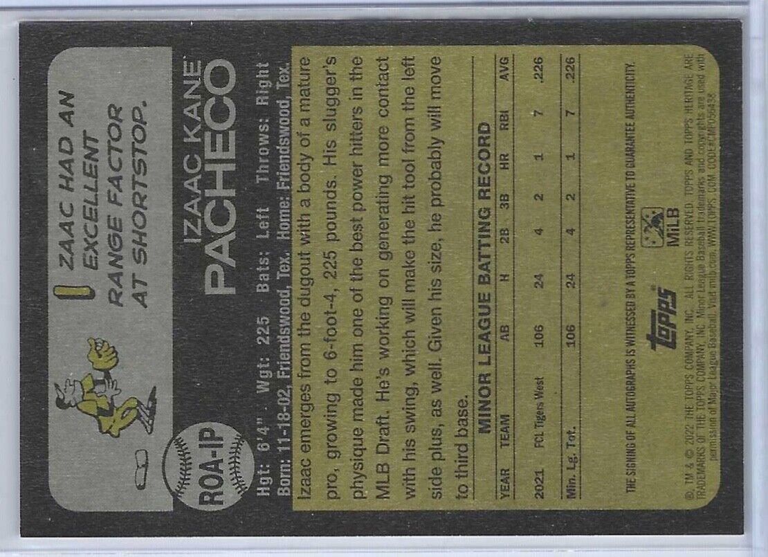 ISAAC PACHECO 2022 TOPPS HERITAGE MINOR LEAGUE PROSPECT REAL ONE AUTO #ROA-IP