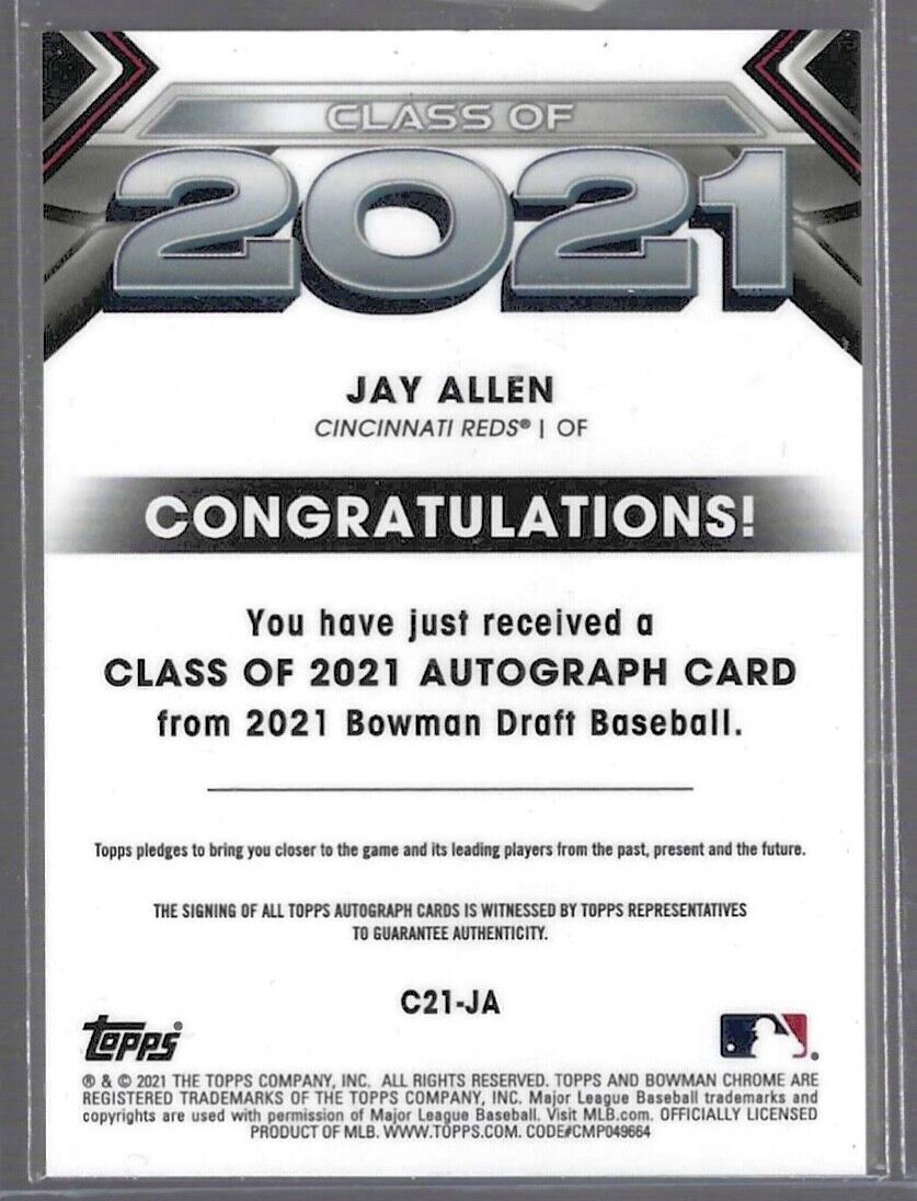 JAY ALLEN 2021 BOWMAN CHROME CLASS OF 2021 GOLD REFRACTOR PROSPECT AUTO #D 22/50