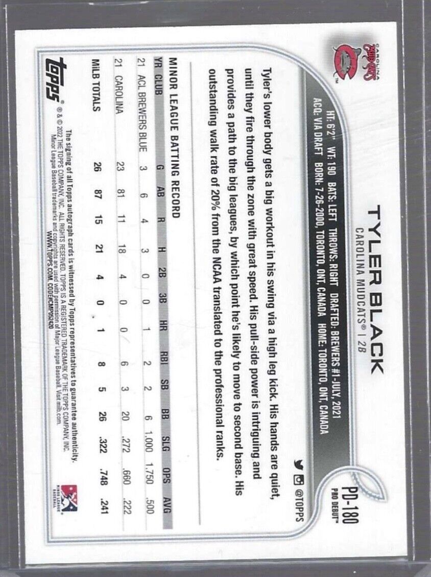TYLER BLACK 2022 TOPPS PRO DEBUT PROSPECT AUTO #PD-180