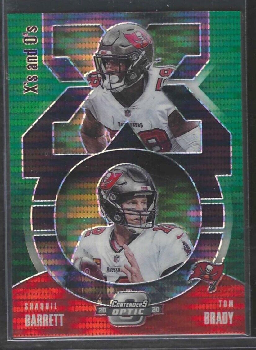 TOM BRADY SHAQ BARRETT 2020 OPTIC CONTENDERS X'S & O'S GREEN PULSAR PRIZM #D /27
