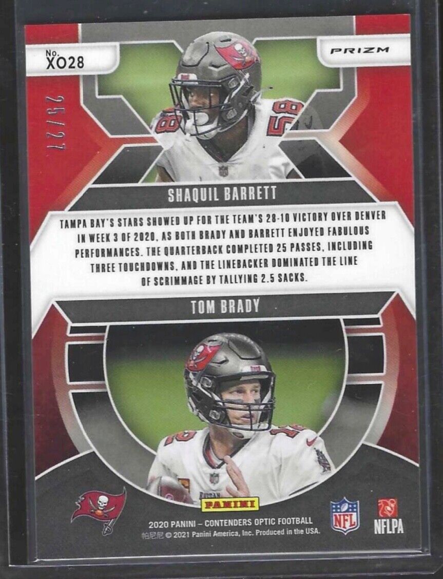 TOM BRADY SHAQ BARRETT 2020 OPTIC CONTENDERS X'S & O'S GREEN PULSAR PRIZM #D /27