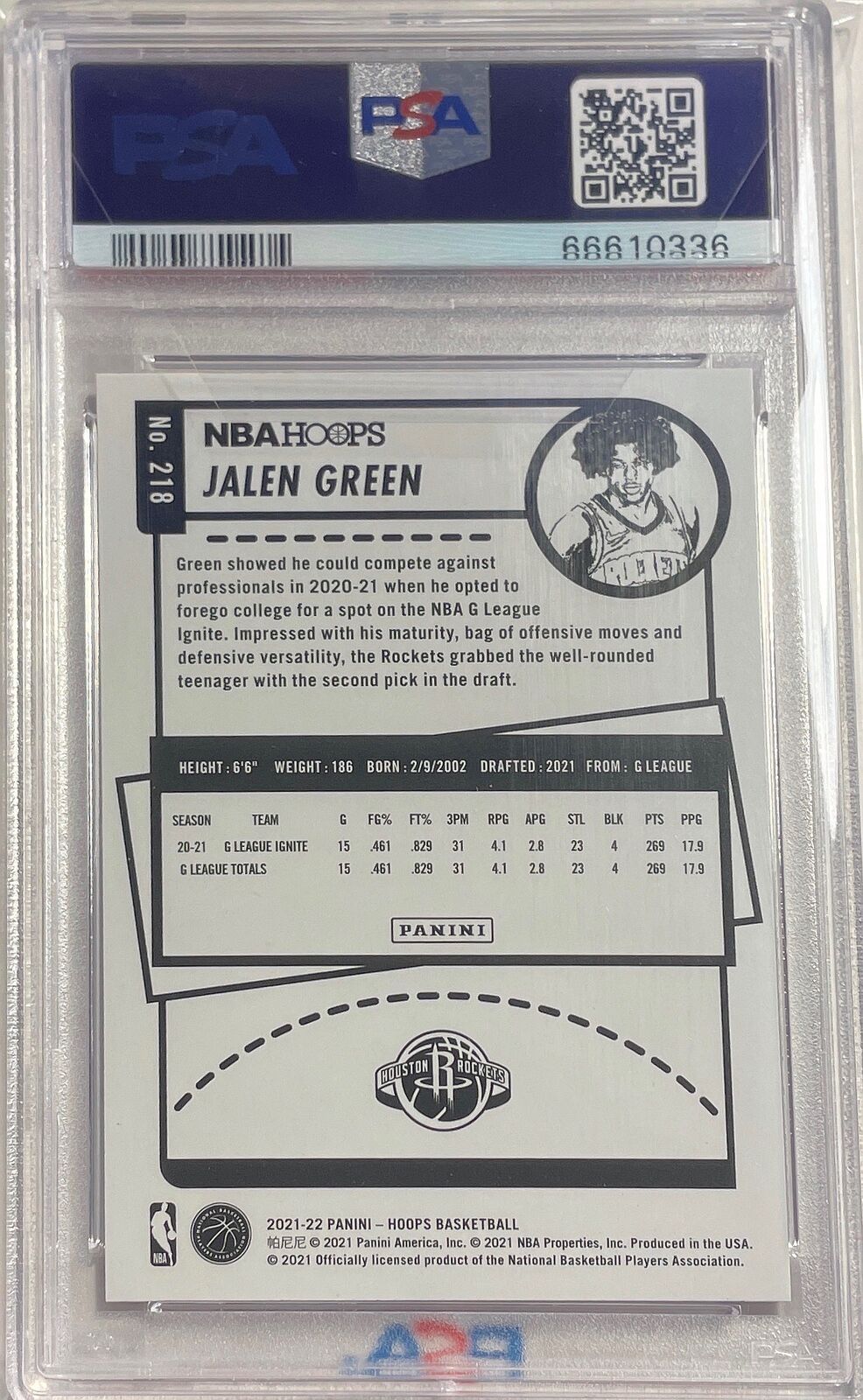 JALEN GREEN 2021-22 PANINI NBA HOOPS PURPLE ROOKIE SP RC #218 PSA 9 MINT POP 13