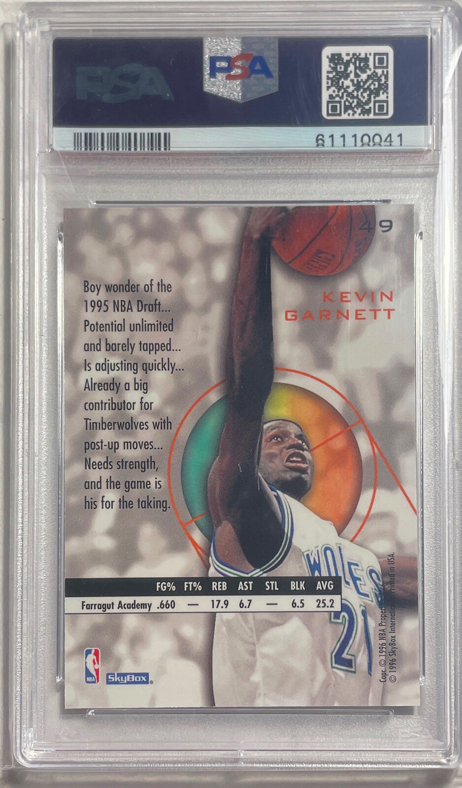 KEVIN GARNETT 1995-96 SKYBOX E-XL BLUE ROOKIE RC #49 PSA 9 MINT