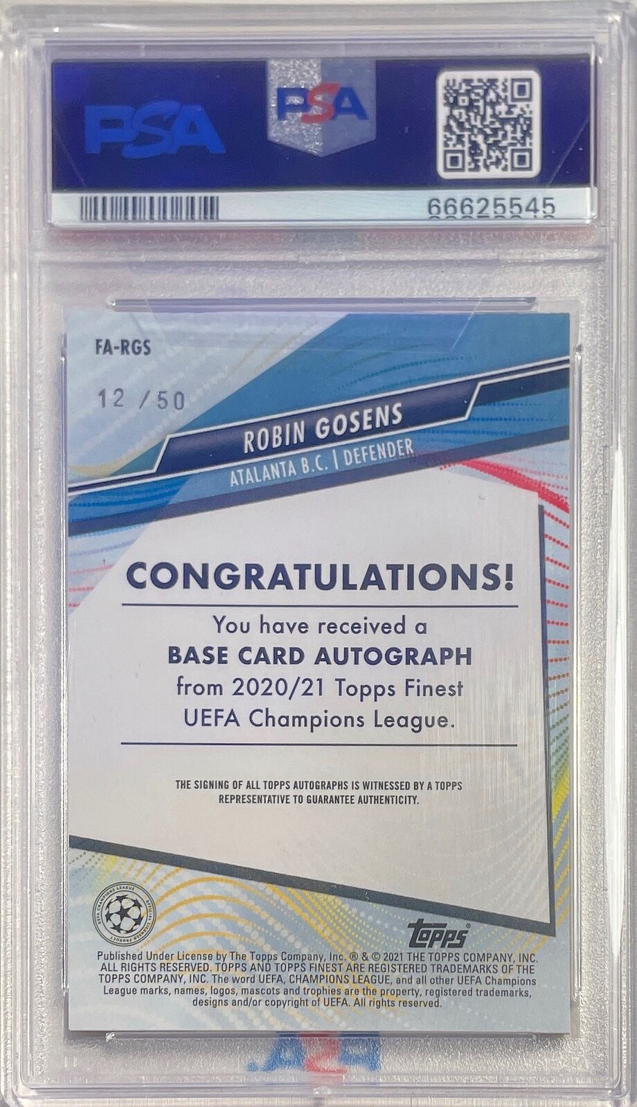 ROBIN GOSENS 2020-21 TOPPS FINEST UCL GOLD REFRACTOR AUTO #D /50 PSA 10 POP 1/1