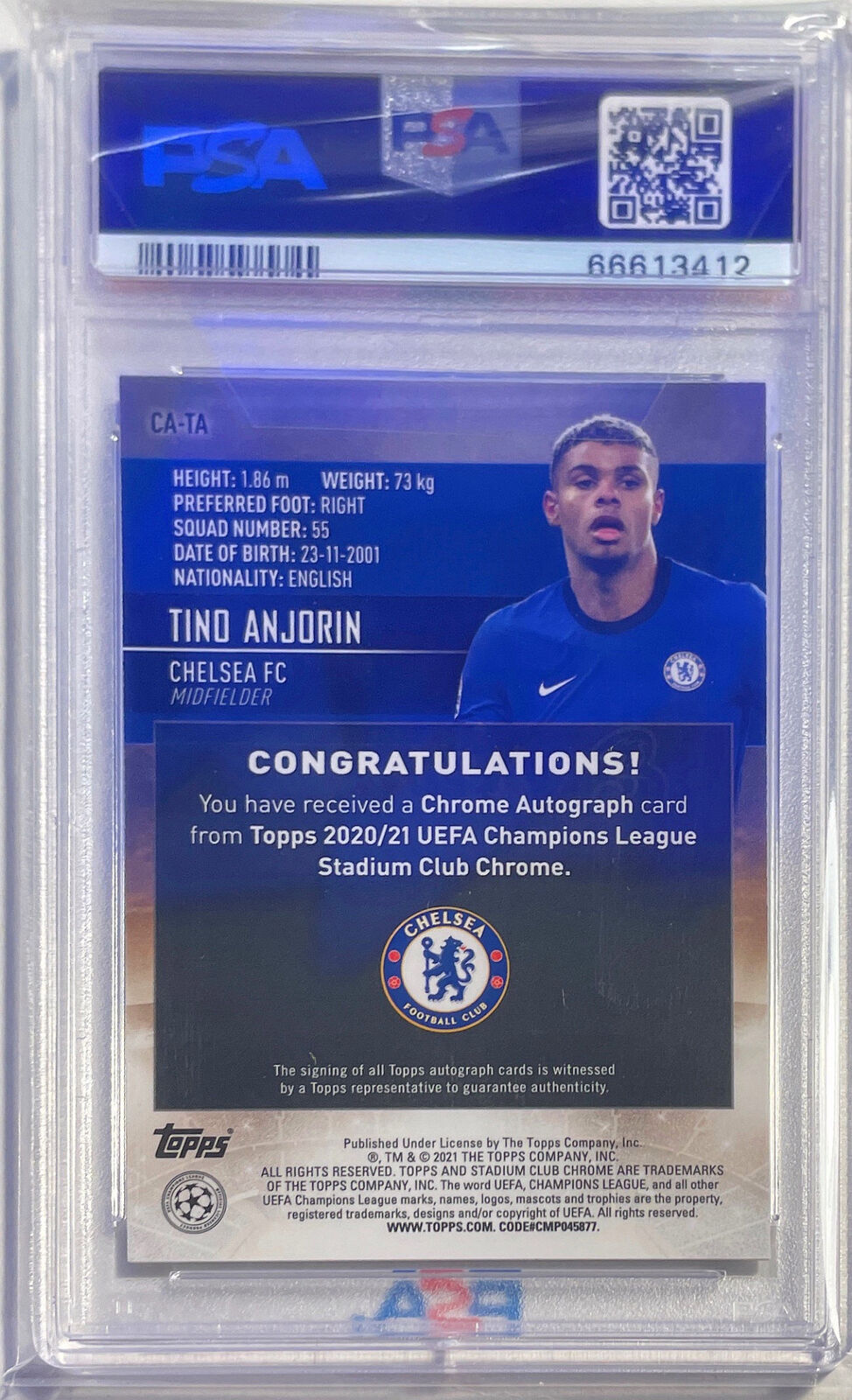 TINO ANJORIN 2020-21 STADIUM CLUB CHROME UCL REFRACTOR AUTO RC PSA 10 POP 1/1