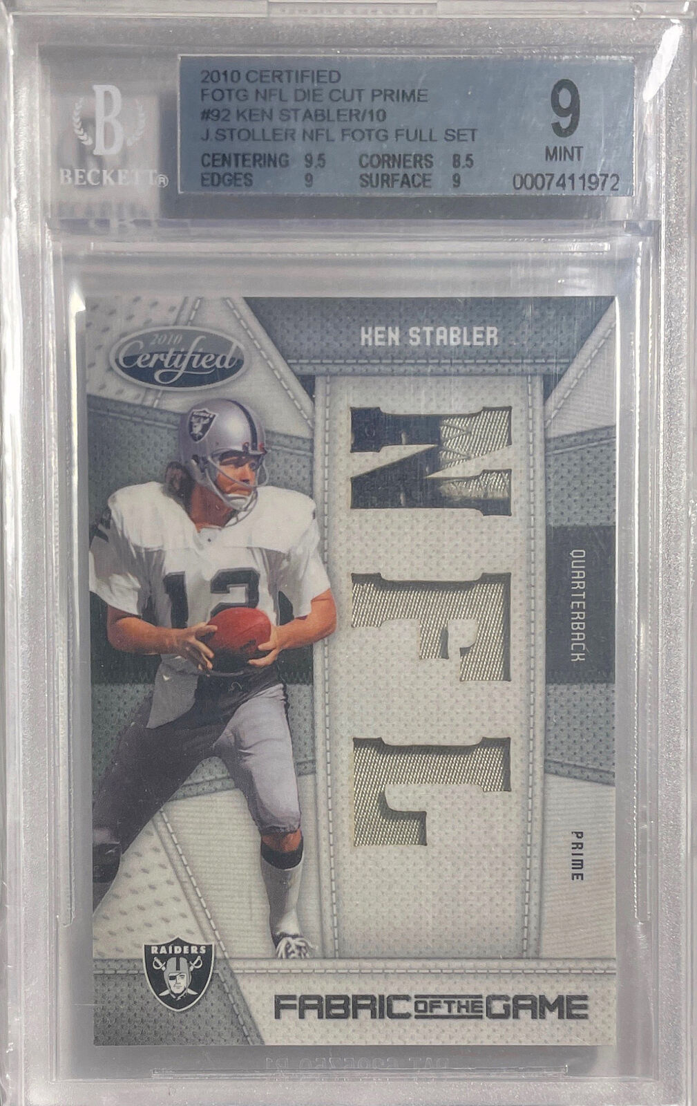 KEN STABLER 2010 CERTIFIED FABRIC OF THE GAME DIE CUT PATCH #D /10 BGS 9 POP 1/1