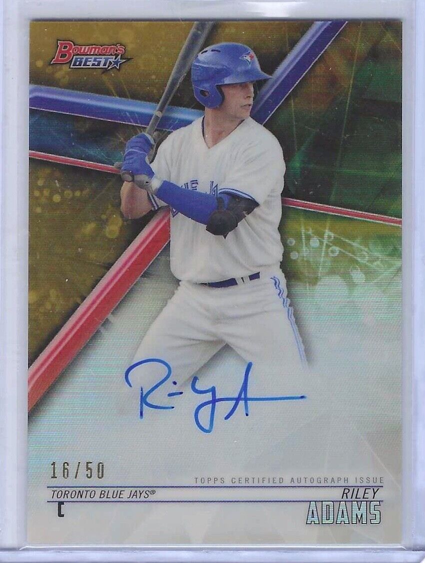 RILEY ADAMS 2018 BOWMANS BEST GOLD REFRACTOR PROSPECT ON CARD AUTO #D 16/50