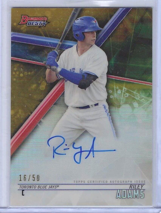 RILEY ADAMS 2018 BOWMANS BEST GOLD REFRACTOR PROSPECT ON CARD AUTO #D 16/50
