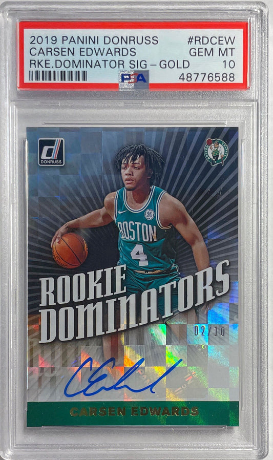 CARSEN EDWARDS 2019 DONRUSS DOMINATORS AUTO GOLD RC #D /10 PSA 10 GEM POP 1/1