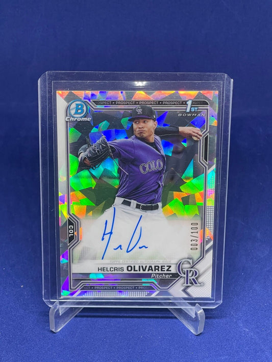 HELCRIS OLIVAREZ 2021 BOWMAN CHROME 1ST ATOMIC REFRACTOR ONCARD AUTO RC #D 3/100