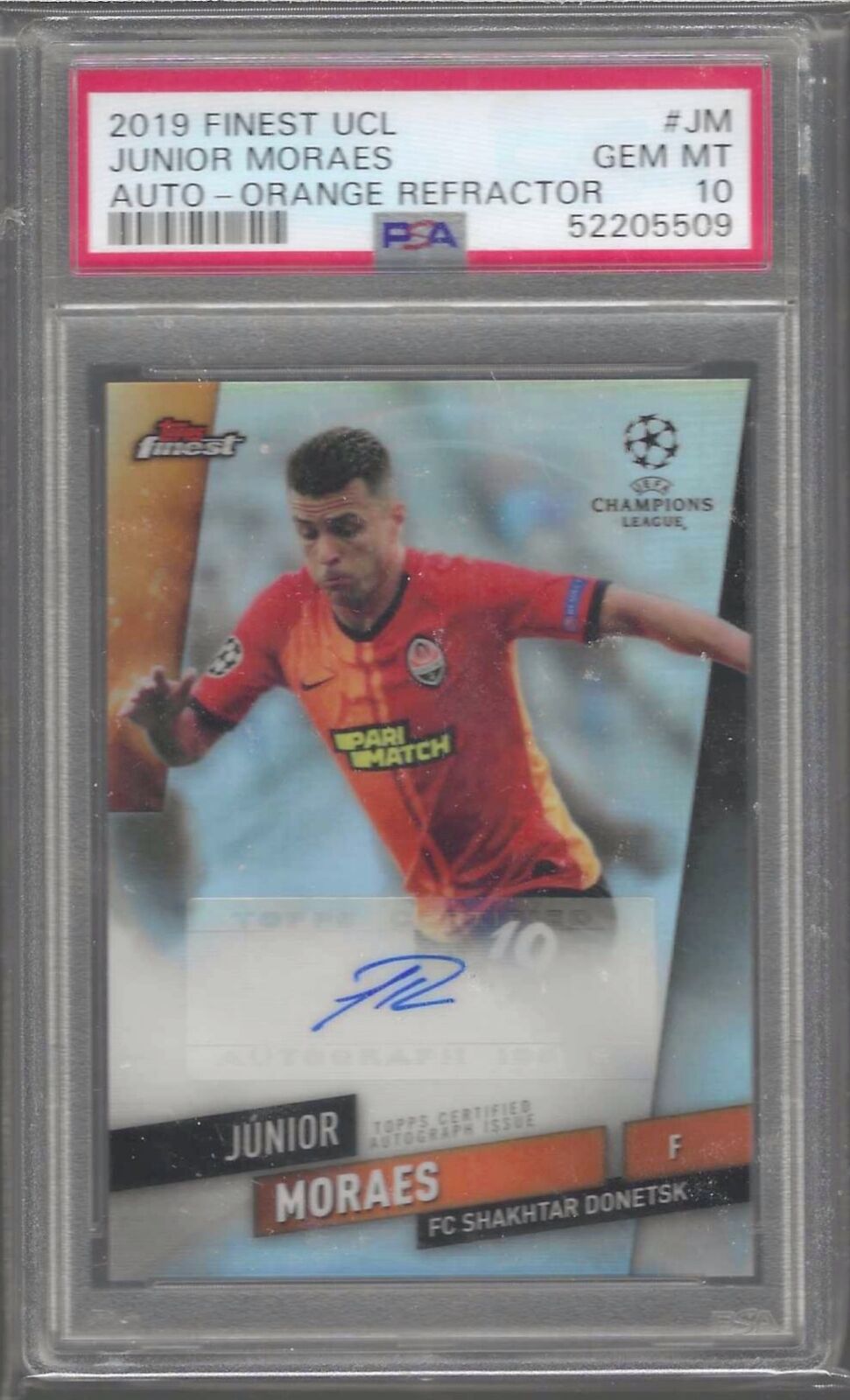 JUNIOR MORAES 2019-20 TOPPS FINEST UCL ORANGE REFRACTOR AUTO /25 PSA 10 POP 1/1